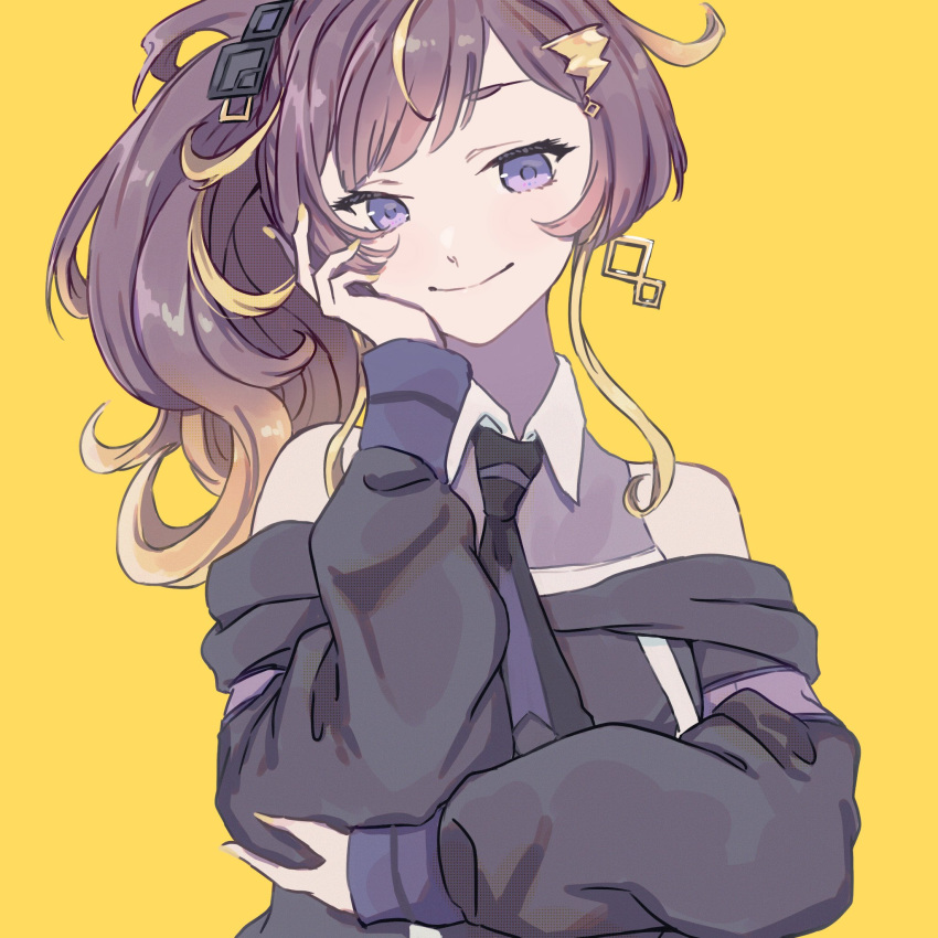1girl anya_melfissa brown_hair futomoy hand_on_own_cheek hand_on_own_face highres hololive hololive_indonesia long_hair multicolored_hair necktie official_alternate_costume purple_eyes side_ponytail smile streaked_hair virtual_youtuber yellow_background yellow_nails
