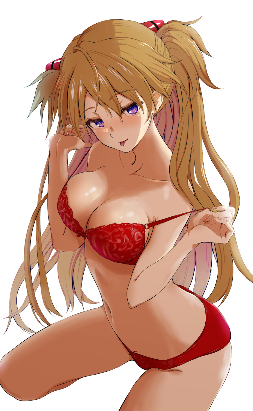 1girl absurdres ahoge bangs bra breasts cleavage collarbone eyebrows_hidden_by_hair fingernails headgear highres interface_headset large_breasts long_hair looking_at_viewer navel neon_genesis_evangelion orange_hair panties purple_eyes red_bra red_panties sasasa_r_23 simple_background smile solo souryuu_asuka_langley tongue tongue_out two_side_up underwear undressing very_long_hair white_background