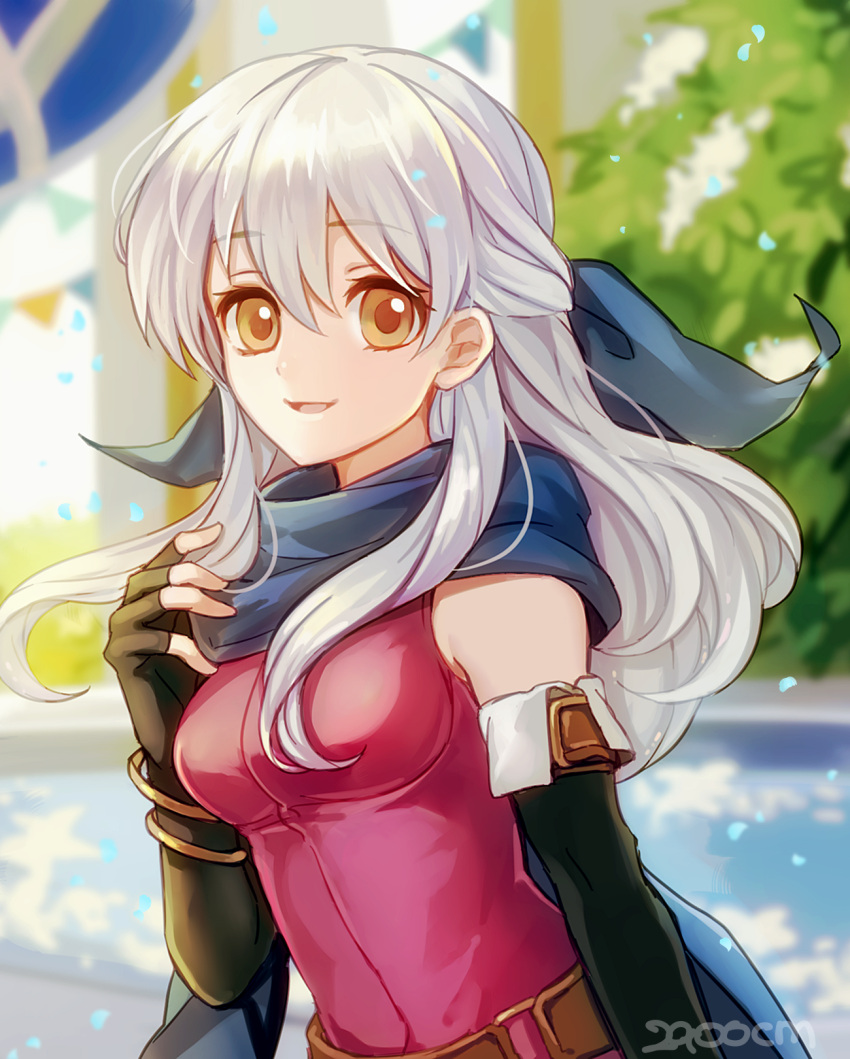 1girl alpha_signature artist_name bangle bangs bare_shoulders black_gloves blue_scarf bracelet commentary_request day dress elbow_gloves fingerless_gloves fire_emblem fire_emblem:_radiant_dawn fire_emblem_heroes gloves grey_hair hair_ribbon half_updo highres jewelry long_hair micaiah_(fire_emblem) nana_(nanalog76) outdoors ribbon scarf side_slit signature sleeveless sleeveless_dress smile solo twitter_username upper_body white_hair yellow_eyes