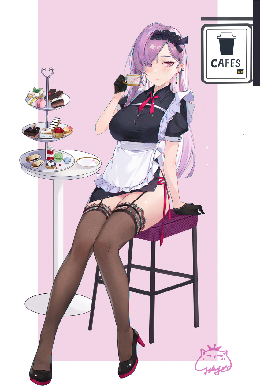 1girl absurdres apron bangs black_dress black_footwear black_gloves blush breasts brown_thighhighs closed_mouth commentary_request cup dress earrings food frilled_apron frills garter_straps gloves half_gloves high_heels highres holding holding_cup jewelry jiujiuyatou_(yayanzz) lace-trimmed_legwear lace_trim long_hair looking_at_viewer macaron medium_breasts original pink_background puffy_short_sleeves puffy_sleeves purple_hair red_eyes shoes short_dress short_sleeves signature solo swept_bangs teacup thighhighs tiered_tray two-tone_background very_long_hair white_apron white_background