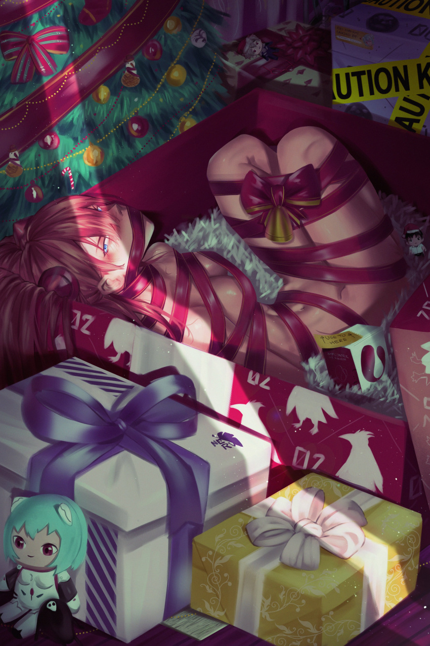 1girl absurdres angel_(evangelion) animal_print ayanami_rei bdsm bird_print blue_eyes bondage bound box breast_bondage breasts character_doll christmas christmas_ornaments christmas_tree doll evangelion:_2.0_you_can_(not)_advance evangelion:_3.0+1.0_thrice_upon_a_time evangelion:_3.0_you_can_(not)_redo gift gift_box hair_ornament headgear highres interface_headset long_hair nagisa_kaworu neon_genesis_evangelion orange_hair penguin_print penpen plugsuit rebuild_of_evangelion rei_chikita ribbon sachiel skinny small_breasts souryuu_asuka_langley waligner