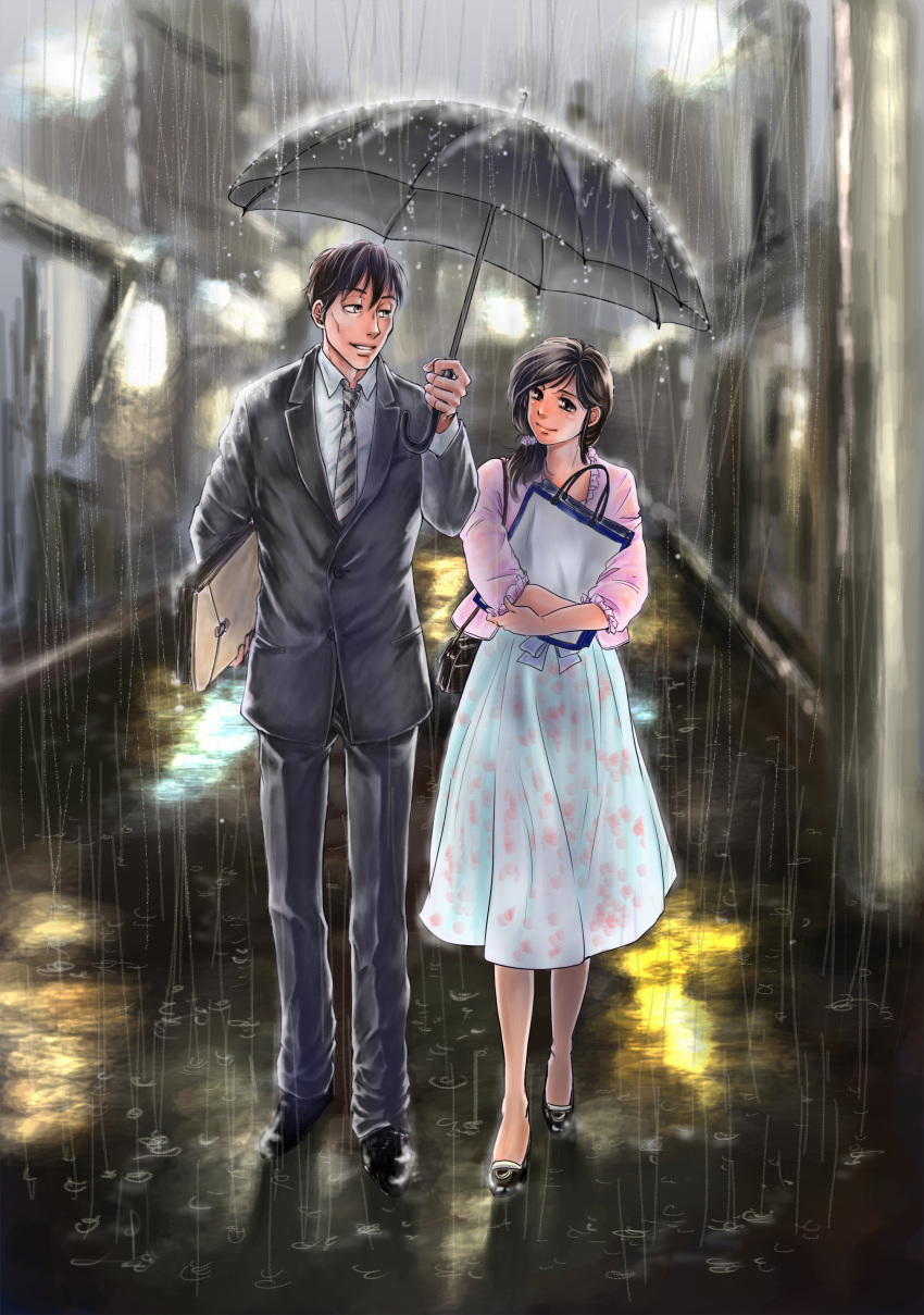 1boy 1girl absurdres back_hair bag black_footwear black_pants black_suit black_umbrella blurry blurry_background brown_eyes dress envelope formal hair_ornament hair_scrunchie handbag hetero highres holding holding_bag kawamoto_akari manila_envelope necktie outdoors pants rain sangatsu_no_lion scrunchie shared_umbrella shimada_kai_(sangatsu_no_lion) shirt short_hair show.s smile suit umbrella walking white_dress white_shirt