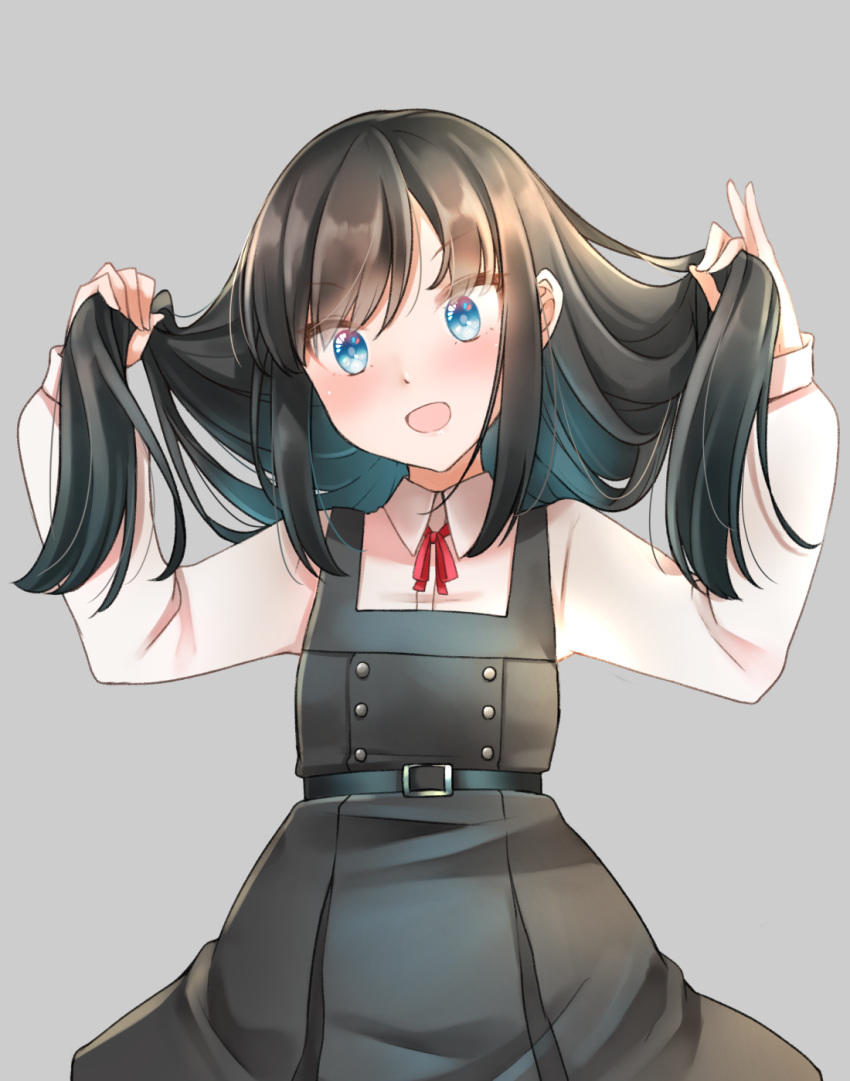 1girl asashio_(kancolle) asashio_kai_ni_(kancolle) black_hair blue_eyes buttons collared_shirt comah commentary_request dress grey_background hair_between_eyes hair_focus highres kantai_collection long_hair long_sleeves looking_at_viewer neck_ribbon open_mouth pinafore_dress pleated_dress red_ribbon ribbon school_uniform shirt solo upper_body white_shirt