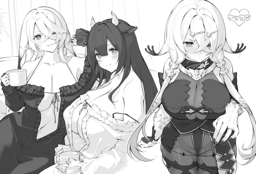 2girls alternate_costume animal_ears atelier_(series) atelier_ryza atelier_ryza_2 azur_lane bangs bare_shoulders black_nails black_nightgown blush bodystocking breasts cleavage closed_mouth collarbone commentary_request cow_ears cow_girl cow_horns cowboy_shot crossed_bangs cup dual_persona fingernails frilled_nightgown fur hair_between_eyes hair_ornament hair_over_one_eye hairclip heterochromia holding holding_cup horns kashino_(azur_lane) large_breasts lila_decyrus lila_decyrus_(moonlit_encounter) long_hair looking_at_viewer low_twintails monochrome multiple_girls navel nightgown off_shoulder official_alternate_costume parted_lips piwka sharp_fingernails sidelocks sitting smile standing stomach twintails very_long_hair