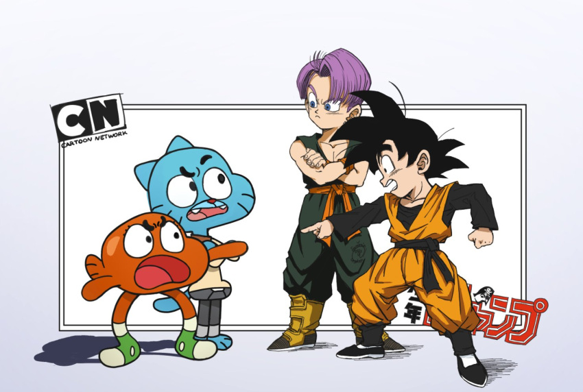 4boys black_eyes black_hair blue_eyes cartoon_network commentary crossed_arms crossover darwin_watterson dougi dragon_ball dragon_ball_z english_commentary fangs frown gumball_watterson male_focus multiple_boys open_mouth pointing purple_hair snoozincopter son_goten the_amazing_world_of_gumball trunks_(dragon_ball)