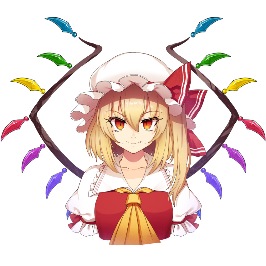 1girl ascot blonde_hair breasts cibo_(killy) cropped_torso crystal flandre_scarlet hair_between_eyes hat highres looking_at_viewer medium_breasts mob_cap nostrils one_side_up puffy_short_sleeves puffy_sleeves red_eyes short_sleeves simple_background slit_pupils solo touhou upper_body white_background wings yellow_ascot