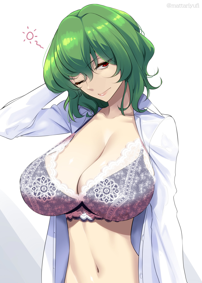 1girl bra breasts cleavage commentary_request green_hair hair_between_eyes hand_in_own_hair highres huge_breasts kazami_yuuka lace-trimmed_bra lace_trim large_breasts lipstick long_sleeves looking_at_viewer makeup mattari_yufi navel one_eye_closed open_clothes open_shirt red_eyes shirt short_hair sleepy solo touhou twitter_username underwear upper_body white_background white_shirt