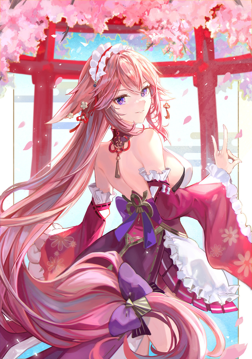 1girl abc_(user_wvss2873) alternate_color alternate_costume animal_ears apron bad_anatomy breasts cherry_blossoms commentary_request detached_sleeves falling_petals floppy_ears floral_print fox_ears fox_shadow_puppet from_behind genshin_impact highres korean_commentary large_breasts long_hair looking_at_viewer looking_back maid_apron maid_headdress outdoors parted_lips partial_commentary petals pink_hair purple_eyes shirt sideboob sleeveless sleeveless_shirt smile solo torii white_shirt wide_sleeves yae_miko