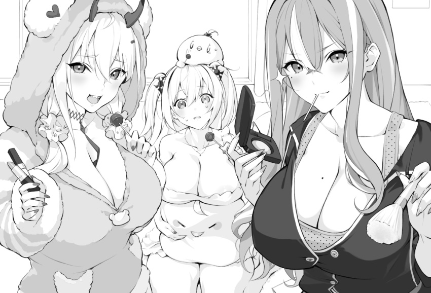 3girls :d animal_on_head azur_lane babydoll bangs bare_shoulders bird blush breasts bremerton_(azur_lane) bremerton_(relaxation_consultation)_(azur_lane) candy character_pillow chick choker cleavage closed_mouth collarbone commentary_request compact_(cosmetics) cosmetics elbing_(azur_lane) elbing_(sleepless_night's_wishes)_(azur_lane) food hair_between_eyes hair_down hair_ornament heterochromia holding holding_candy holding_food holding_lollipop hood hood_up hoodie horns jacket jewelry kumano_(azur_lane) kumano_(pj_poker_party)_(azur_lane) large_breasts lipstick_tube lollipop long_hair looking_at_viewer makeup_brush manjuu_(azur_lane) mole mole_on_breast mole_under_eye monochrome mouth_hold multicolored_hair multiple_girls nail_polish necklace official_alternate_costume official_alternate_hairstyle on_head oni_horns open_mouth parted_lips piwka sharp_teeth sidelocks sitting smile sparkle standing streaked_hair sweat tank_top teeth two-tone_hair two_side_up upper_teeth_only very_long_hair