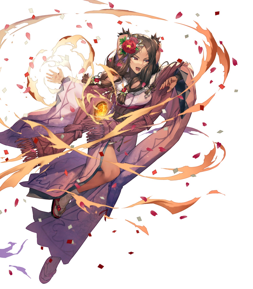 1girl animal_ears bangs braid breasts brown_hair confetti cozy dark-skinned_female dark_skin facial_mark fingernails fire_emblem fire_emblem_awakening fire_emblem_heroes floating floating_object floral_print flower full_body glowing gradient gradient_clothes highres japanese_clothes kimono leg_up long_hair long_sleeves looking_away medium_breasts non-web_source obi official_art open_mouth panne_(fire_emblem) panne_(new_year)_(fire_emblem) petals rabbit_ears red_eyes sandals sash shiny shiny_hair solo stone tabi transparent_background turtleneck twin_braids twintails wide_sleeves zouri