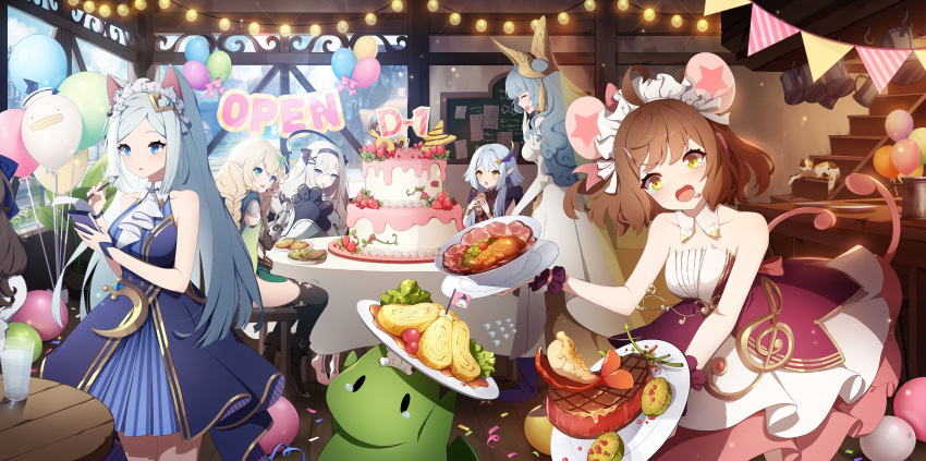 6+girls absurdres animal_ears balloon bare_shoulders blonde_hair blue_dress blue_eyes blue_hair brown_hair cake cat_ears cat_girl cat_tail countdown creature dress eversoul food frilled_dress frilled_skirt frilled_sleeves frills green_dress green_eyes hair_ornament hairband headdress headset highres idol korean_commentary leaf_hair_ornament lewain_(eversoul) looking_at_another looking_at_viewer looking_away maid_headdress mephistopheles_(eversoul) mica_(eversoul) mouse_ears mouse_girl multiple_girls off_shoulder official_art omelet party plate promotional_art red_dress seeha_(eversoul) sitting skirt standing steak table tail talia_(eversoul) thighhighs two-tone_dress white_dress white_hair yellow_eyes yuria_(eversoul)
