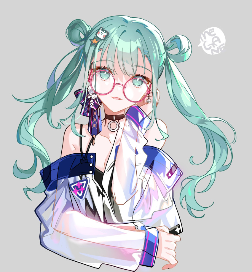 1girl bangs bare_shoulders choker collarbone earrings glasses green_eyes green_hair grey_background hair_ornament hand_on_own_face hatsune_miku highres jewelry long_hair long_sleeves mona0101 off_shoulder open_mouth project_sekai round_eyewear see-through solo star_(symbol) star_hair_ornament upper_body