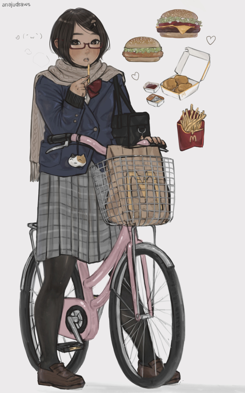 1girl absurdres anajudraws artist_name bag bicycle black_eyes black_hair black_pantyhose blue_jacket blush bow brown_footwear burger chicken_nuggets eating food food-themed_hair_ornament french_fries full_body glasses ground_vehicle hair_ornament highres jacket long_sleeves mushroom_hair_ornament original pantyhose plaid plaid_skirt product_placement red-framed_eyewear red_bow sauce scarf school_bag school_uniform short_hair skirt standing