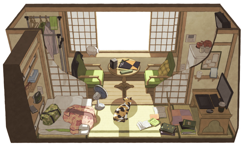absurdres bag book cat cellphone chair clock cup diorama drawing_tablet electric_fan electrical_outlet futon glasses highres indoors itou_(mogura) monitor mouse_(computer) no_humans original pencil pencil_sharpener phone pillow refrigerator ryokan shouji sketchbook sliding_doors smartphone table tatami teapot television tissue_box white_background