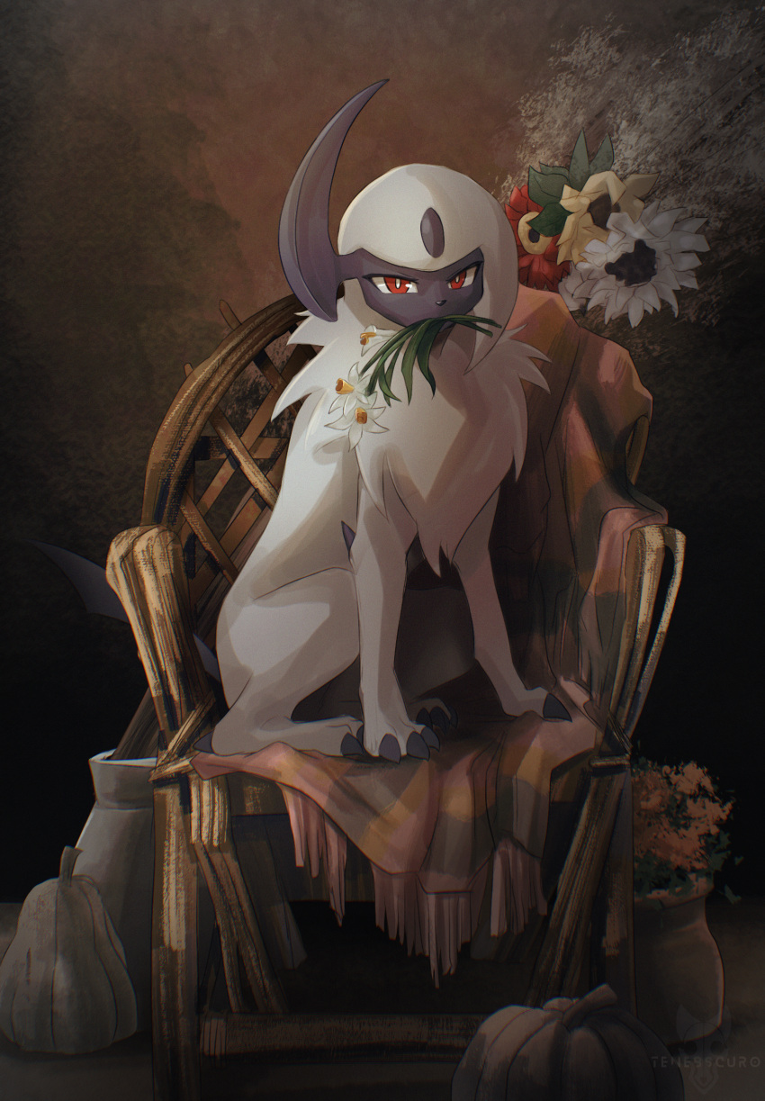 absol animal_focus artist_name blanket bright_pupils chromatic_aberration claws closed_mouth commentary english_commentary flower flower_pot full_body highres holding holding_flower looking_at_viewer mouth_hold no_humans on_chair pokemon pokemon_(creature) pumpkin red_eyes red_flower short_hair sidelocks sitting solo squash tenebscuro watermark white_flower white_hair white_pupils yellow_flower