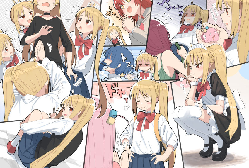 +_+ 6+girls ? absurdres ahoge apron back_bow bag bangs bare_shoulders begging black_choker black_footwear black_ribbon black_shirt black_skirt black_vest blonde_hair blue_hair blush blush_stickers bocchi_the_rock! bow bowtie choker chop clapping closed_eyes closed_mouth collared_shirt commentary commentary_request creature cube_hair_ornament doyagao dress drink flying_sweatdrops from_behind from_side full_body gotou_hitori green_dress hair_ornament hand_on_hip hand_on_own_cheek hand_on_own_face hand_up head_out_of_frame highres hiroi_kikuri holding holding_creature holding_drink hugging_own_legs ijichi_nijika ijichi_seika jacket kita_ikuyo knees_up long_hair long_sleeves looking_back looking_to_the_side maid_apron maid_headdress mameroku medium_hair multicolored_background multiple_girls multiple_views one_eye_closed open_mouth outside_border own_hands_together partial_commentary pink_hair pink_jacket pink_track_suit pleated_skirt pout purple_hair red_bow red_bowtie red_eyes red_hair ribbon school_uniform shaded_face shirt shirt_tucked_in shoes siblings side_ponytail sidelocks sisters skirt smile smug sneakers socks solid_oval_eyes spaghetti_strap sparkle squatting star_(symbol) sweat sweatdrop thighhighs tongue tongue_out translation_request upper_body v vest waving_hands white_shirt white_socks white_thighhighs white_wristband yamada_ryou