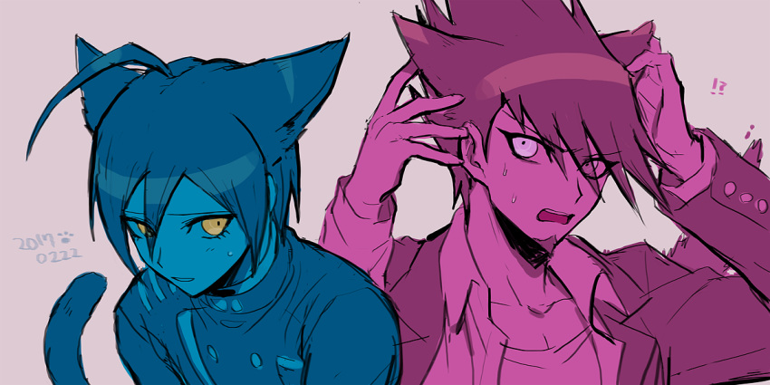 !? 2boys animal_ears bangs cat_boy cat_ears cat_tail danganronpa_(series) danganronpa_v3:_killing_harmony dated facial_hair goatee hair_between_eyes itsuki_(nightlight) jacket limited_palette long_sleeves male_focus momota_kaito multiple_boys open_mouth pink_eyes saihara_shuuichi shirt simple_background spiked_hair sweat tail upper_body yellow_eyes