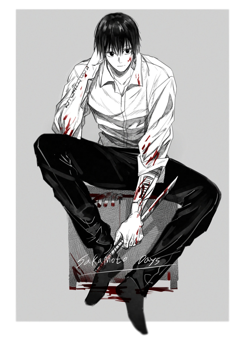 1boy absurdres bangs black_hair blood blood_on_clothes blood_on_face blood_on_hands blood_on_weapon closed_mouth collared_shirt copyright_name dmsco1803 greyscale highres holding holding_sword holding_weapon looking_at_viewer male_focus monochrome nagumo_(sakamoto_days) sakamoto_days shirt sitting sleeves_rolled_up smile solo spot_color sword weapon white_shirt