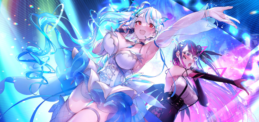 2girls arm_up armpits bangs bare_shoulders blue_hair blush breasts butterfly_hair_ornament commentary_request dress elbow_gloves glasses gloves grey_hair hair_ornament highres holding holding_microphone large_breasts microphone multicolored_hair multiple_girls music open_mouth original purple_eyes purple_gloves purple_hair pyon-kichi red_eyes singing single_thighhigh smile streaked_hair thigh_strap thighhighs thighs white_dress white_thighhighs