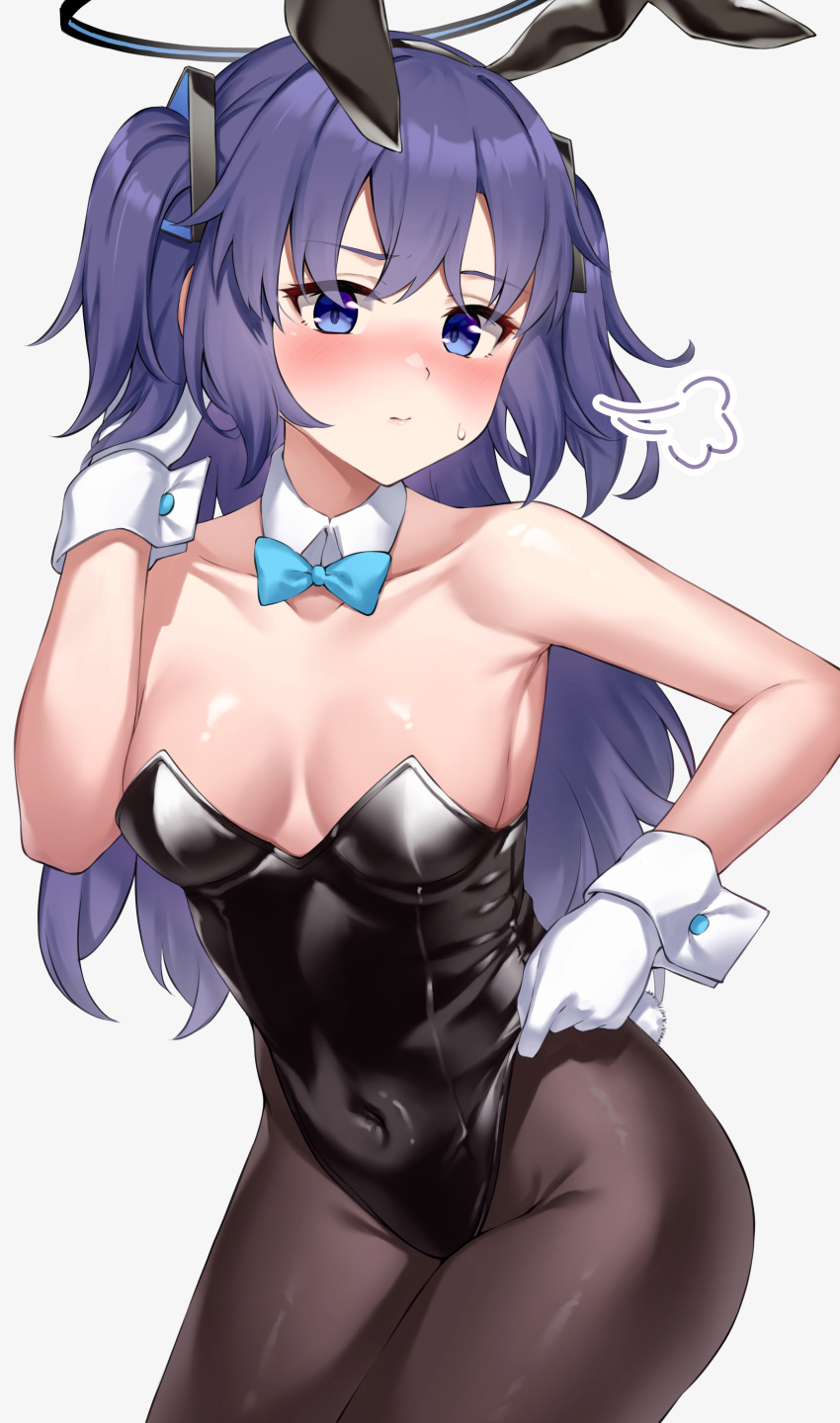 1girl absurdres adjusting_clothes alternate_costume animal_ears armpits bangs bare_arms bare_shoulders black_leotard black_pantyhose blue_archive blue_bow blue_bowtie blue_eyes blush bow bowtie breasts closed_mouth collar contrapposto covered_navel detached_collar fake_animal_ears fake_tail gloves groin halo hand_in_own_hair hand_up highleg highleg_leotard highres leotard looking_at_viewer medium_breasts pantyhose pizza_(pizzania_company) playboy_bunny purple_hair rabbit_ears rabbit_tail shiny shiny_skin sidelocks simple_background solo strapless strapless_leotard sweatdrop tail thighs two_side_up white_background white_collar white_gloves white_wrist_cuffs wrist_cuffs yuuka_(blue_archive)