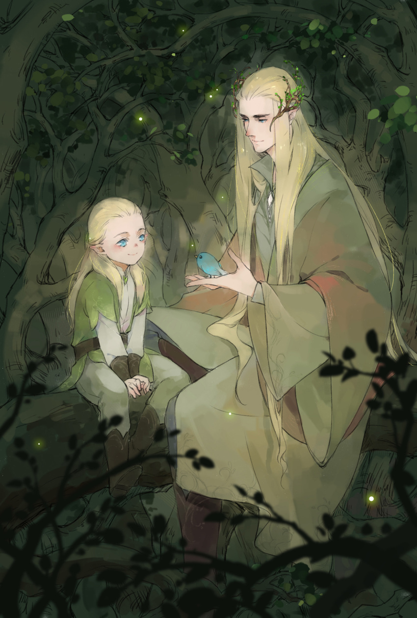 2boys animification bird bird_on_hand blonde_hair blue_bird blue_eyes elf father_and_son forest highres legolas long_hair long_sleeves looking_at_another multiple_boys nature pointy_ears sitting smile the_lord_of_the_rings thranduil tolkien's_legendarium tree zzzi_gn