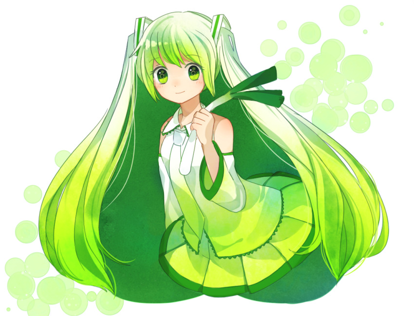 1girl alternate_color alternate_eye_color alternate_hair_color detached_sleeves food gradient_necktie gradient_shirt gradient_skirt green_eyes green_hair green_necktie green_skirt green_theme green_trim hatsune_miku holding holding_food holding_spring_onion holding_vegetable long_hair looking_at_viewer necktie no_legs riia0602 shirt skirt sleeveless sleeveless_shirt solo spring_onion twintails vegetable vocaloid