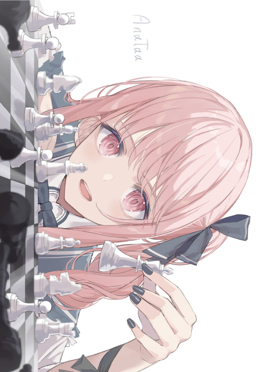 1other akiyama_mizuki anataa androgynous artist_name bangs black_nails board_game bow character_request check_character chess chess_piece fingernails grey_bow grey_nails grey_ribbon grey_sailor_collar hair_ribbon highres holding_chess_piece long_hair looking_at_object momoi_airi nail_polish one_side_up pink_eyes pink_hair project_sekai ribbon sailor_collar side_ponytail simple_background solo upper_body white_background