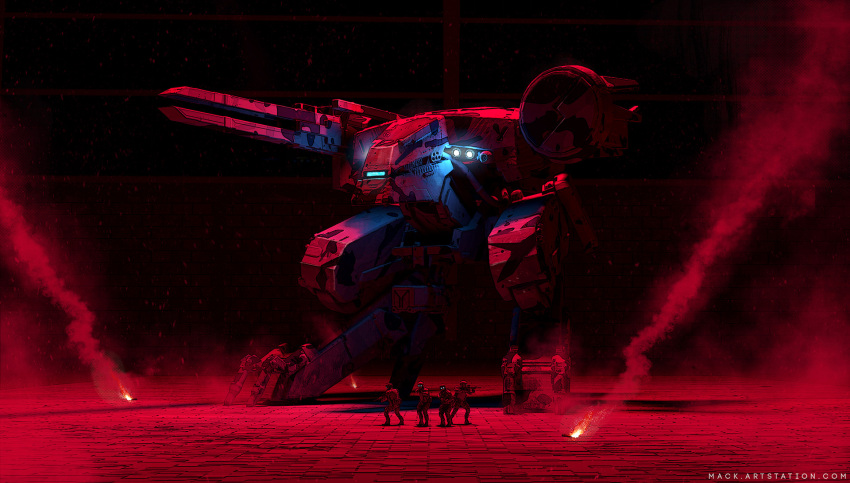 4others ambiguous_gender english_commentary flare glowing gun highres holding holding_gun holding_weapon mack_sztaba mecha metal_gear_(robot) metal_gear_(series) metal_gear_rex metal_gear_solid multiple_others non-humanoid_robot red_theme robot science_fiction shoulder_cannon smoke walker weapon web_address