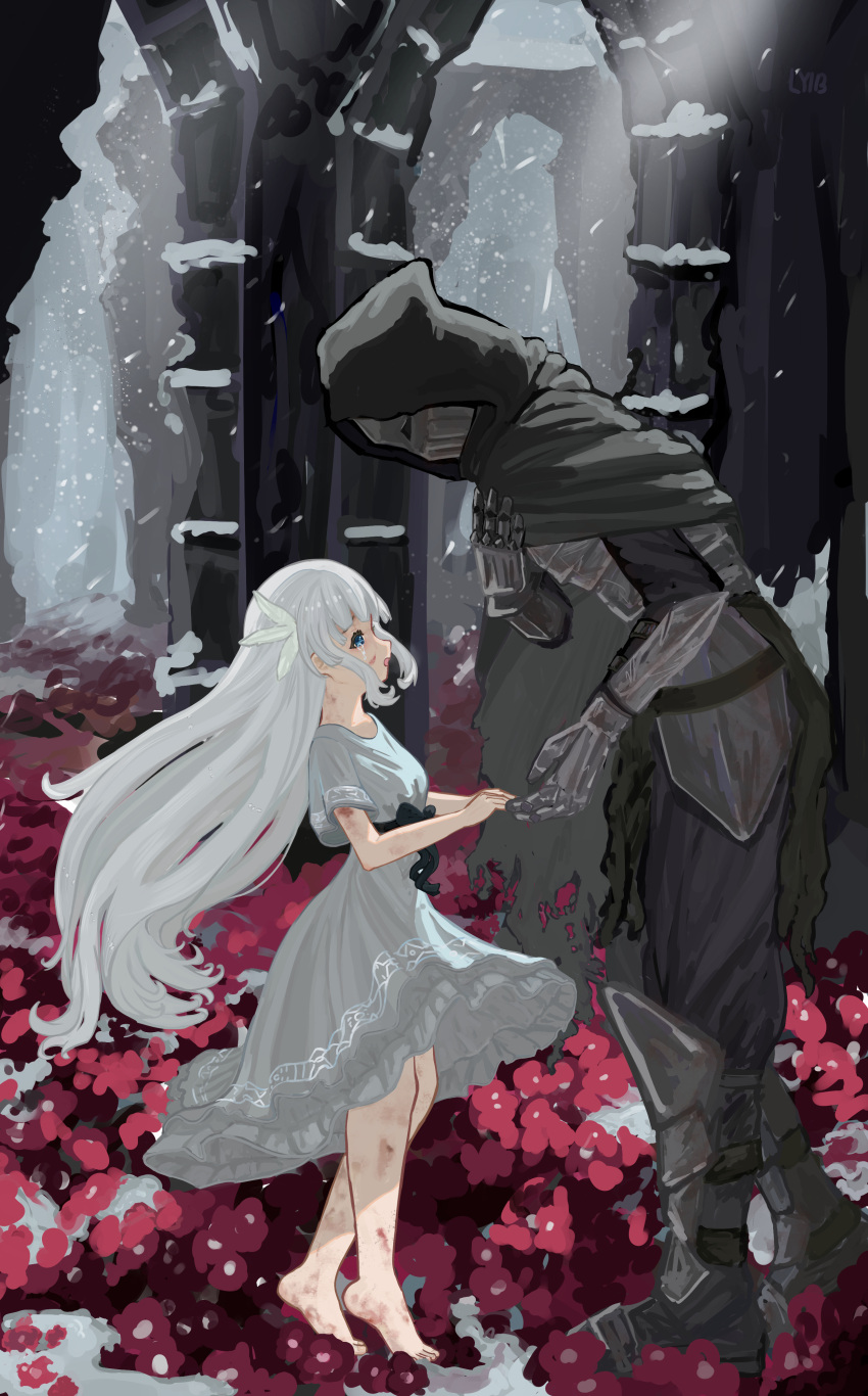 1boy 1girl absurdres armor bangs barefoot black_ribbon blue_eyes cloak crying crying_with_eyes_open dress ender_lilies_quietus_of_the_knights flower hair_ornament highres holding_hands hood lily_(ender_lilies) long_hair looking_up lyib md5_mismatch purple_flower ribbon short_sleeves tears white_dress white_hair