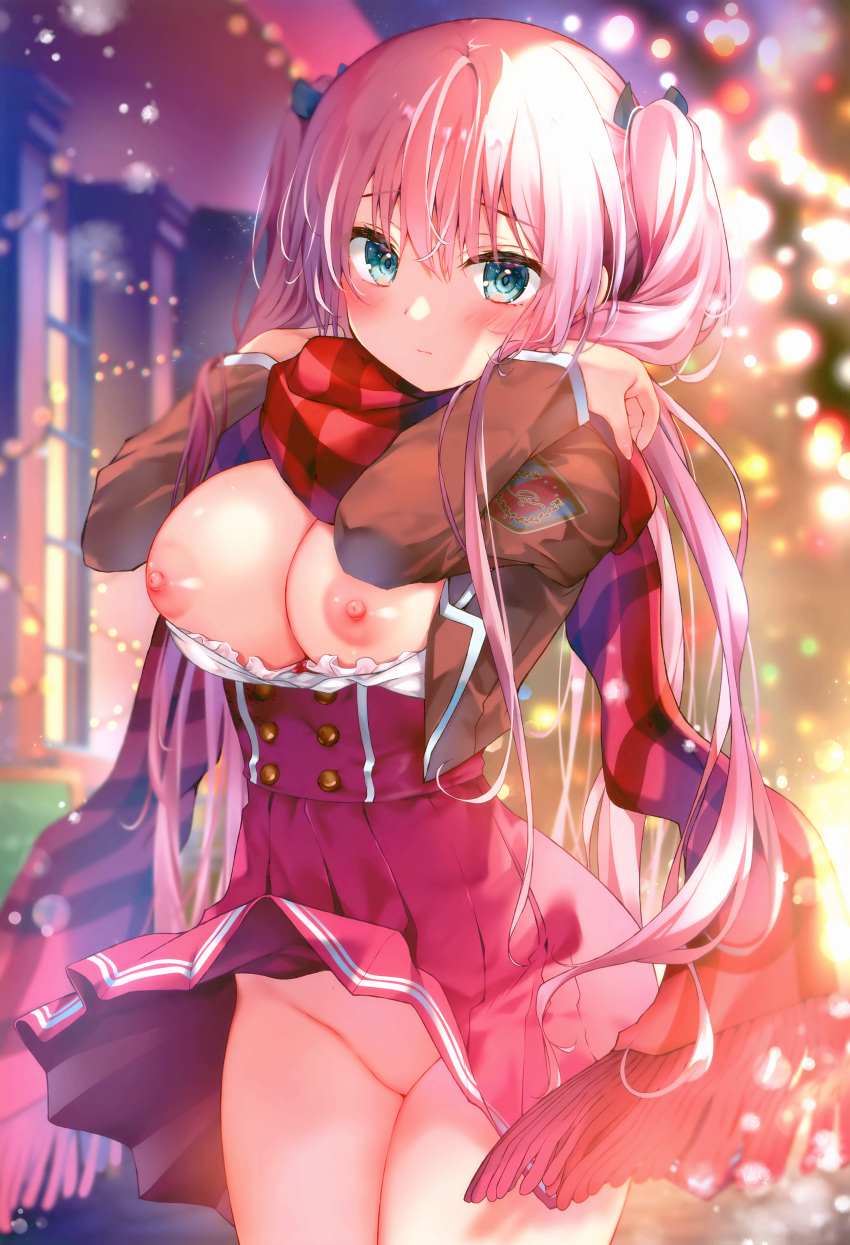 1girl absurdres adjusting_scarf aqua_eyes blurry blurry_background blush bow bra bra_pull breasts buttons christmas clothes_lift clothes_pull frilled_bra frills hair_between_eyes hair_bow highres jacket kino_(kino_konomi) large_breasts long_hair looking_at_viewer melonbooks nipples no_panties no_pussy non-web_source open_clothes open_jacket open_shirt original outdoors pink_hair pleated_skirt red_scarf red_shirt red_skirt scarf school_uniform shirt shirt_pull sidelocks skirt skirt_lift solo standing striped striped_scarf twintails underwear white_bra wind wind_lift
