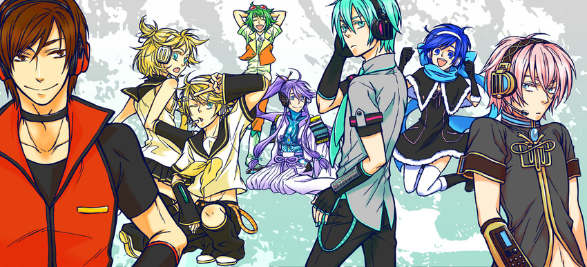 aqua_eyes aqua_hair blonde_hair blue_eyes blue_hair boots gakuko genderswap glowes hair_ribbon hatsune_mikuo headphones jewelry jump jumping kagamine_len kagamine_rin kaiko long_hair megurine_luki meito mikuo nail_polish necklace necktie pink_hair ponytail purple_hair ribbon scarf short_hair siblings skirt smile teeth twins very_long_hair vocaloid wink