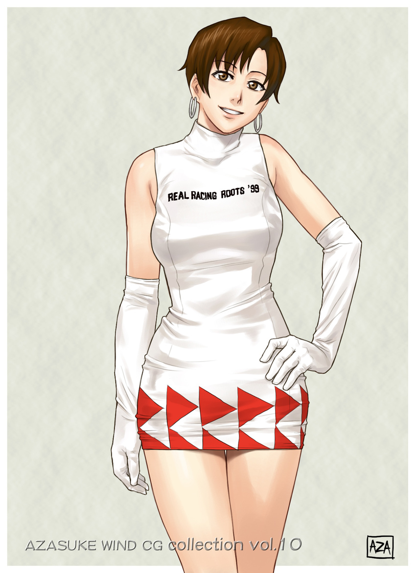 azasuke bare_shoulders brown_eyes brown_hair dress earrings elbow_gloves female gloves hand_on_hip highres hips jewelry looking_at_viewer nagase_reiko race_queen ridge_racer short_hair smile solo standing thigh_gap thighs