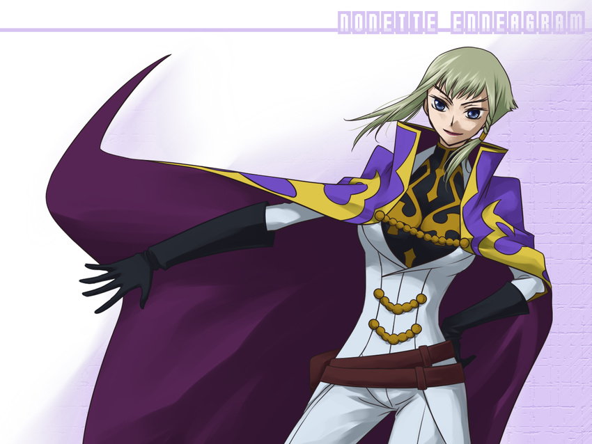 belt blue_eyes breasts cape code_geass code_geass:_lost_colors female gloves gradient gradient_background hands_on_hips joe-k knights_of_the_round long_hair military military_uniform nonette_enneagram silver_hair solo uniform