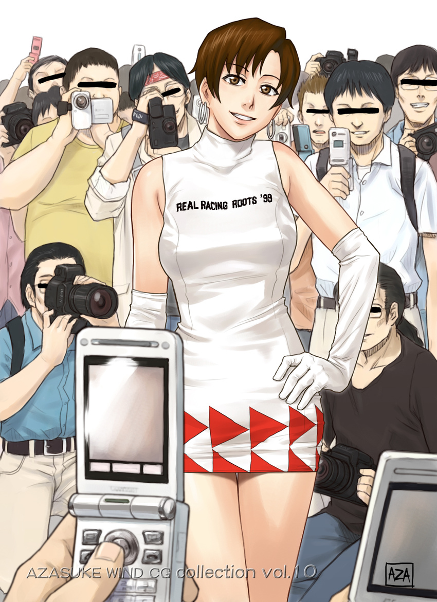 6+boys azasuke bare_shoulders brown_eyes brown_hair camera crowd dress earrings elbow_gloves gloves hand_on_hip highres hips jewelry looking_at_viewer multiple_boys nagase_reiko phone race_queen ridge_racer short_hair smile solo standing thigh_gap thighs