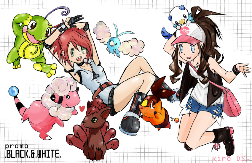 black_and_white flaaffy highres lin_(pokemon) mijumaru monochrome oshawott pokabu pokemon pokemon_(game) pokemon_bw politoed swablu tepig touko_(pokemon) vulpix white_(pokemon)