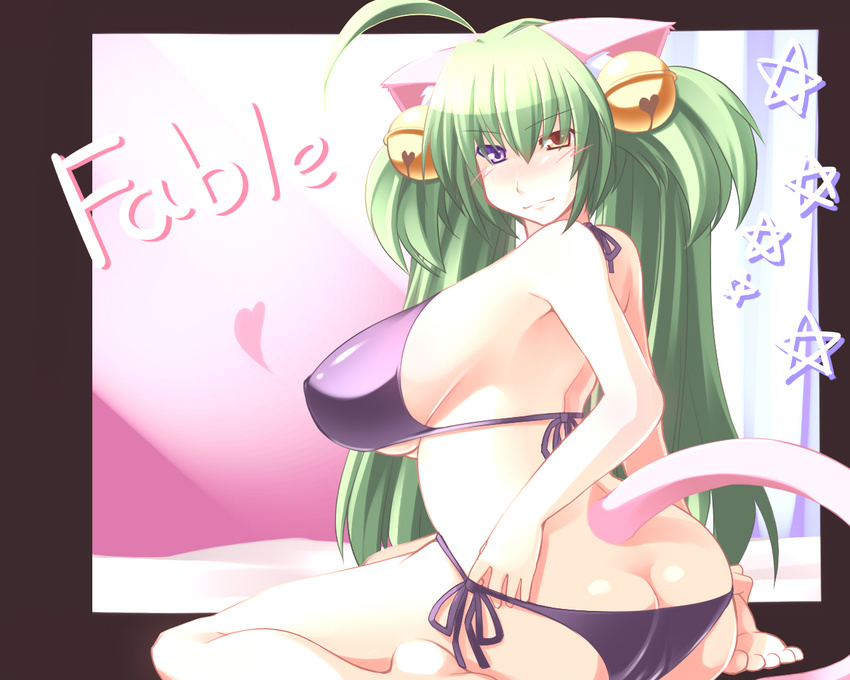 ahoge animal_ears ass bad_id bad_pixiv_id bell bikini blush breasts brown_eyes butt_crack cat_ears cat_tail green_hair heterochromia jingle_bell large_breasts long_hair purple_eyes solo swimsuit tail very_long_hair yace