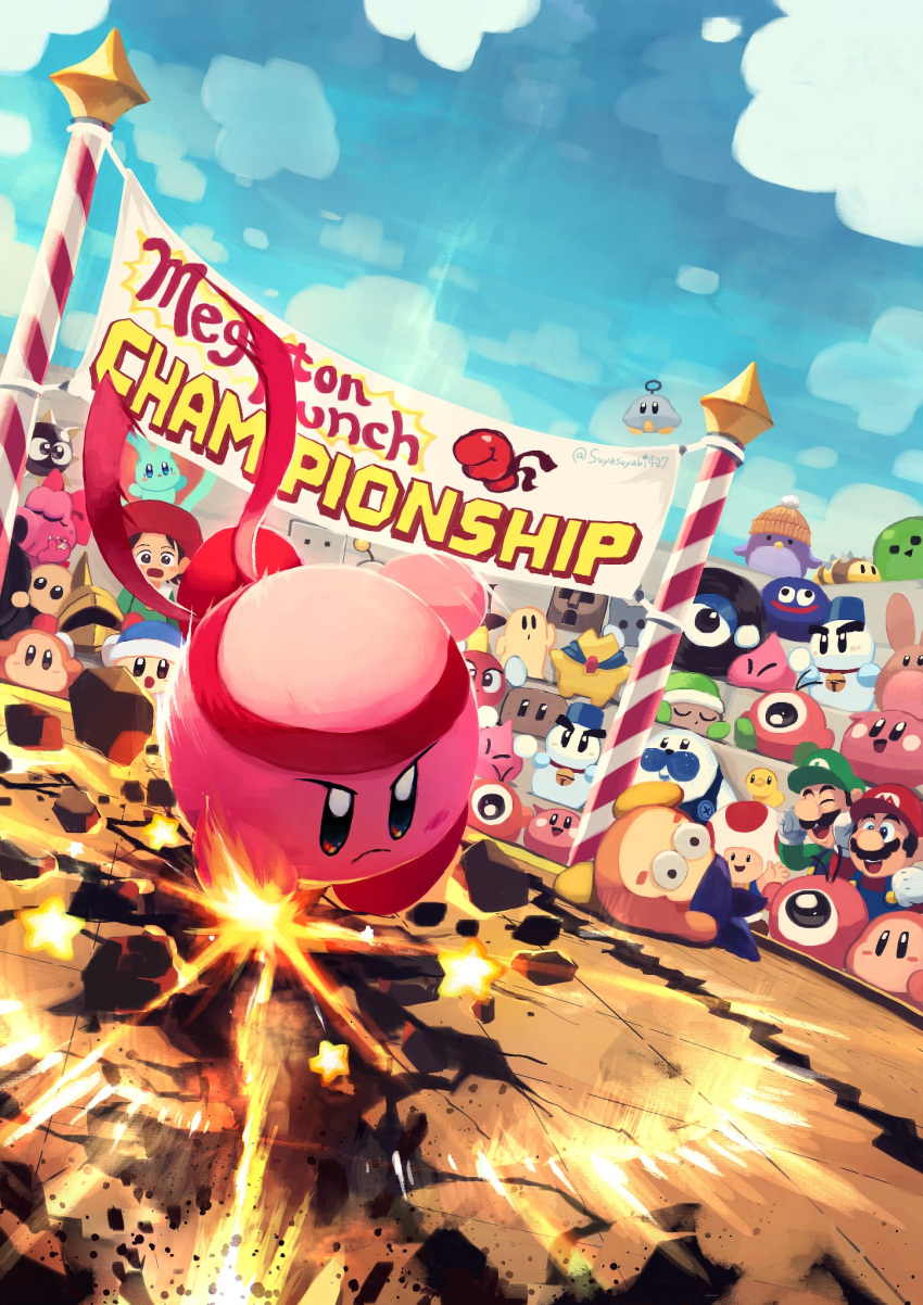 adeleine artist_name audience bandana bandana_waddle_dee banner beret birdo blue_bandana blue_sky blush blush_stickers bow boxboy! bronto_burt buttons cappy_(kirby) character_request chilly_(kirby) closed_eyes closed_mouth cloud corori crack day elfilin energy flaming_hand frown full_body gloves gooey_(kirby) gordo green_headwear green_shirt hal_laboratory hat hataraku_ufo headband helmet highres jobski kabu_(kirby) kirby kirby's_dream_land_3 kirby_(series) kirby_64 long_sleeves luigi mario mario_(series) motion_lines mr._frosty n-z no_humans noddy_(kirby) open_mouth outdoors overalls polof poppy_bros_jr punching qbby red_bow red_headband red_headwear red_ribbon ribbon rocky_(kirby) scarfy serious shirt sir_kibble sitting sky smile snowman sparky_(kirby) star_(symbol) suyasuyabi teeth toad_(mario) twitter_username ufo ufo_(kirby) upper_teeth_only v-shaped_eyebrows waddle_dee waddle_doo white_gloves wide-eyed