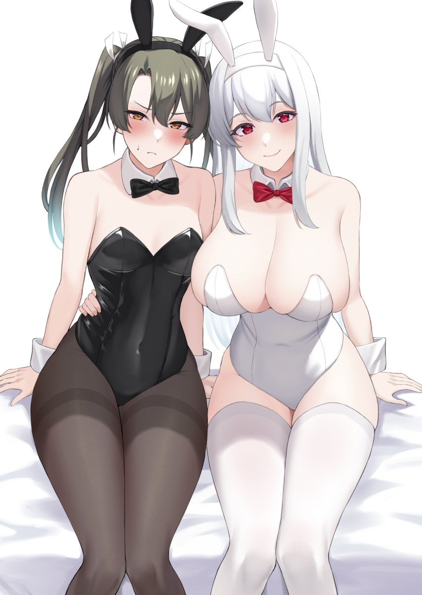 2girls alternate_costume animal_ears arm_around_waist asymmetrical_bangs bangs bare_shoulders bed_sheet black_bow black_bowtie black_leotard black_pantyhose blush bow bowtie breasts brown_eyes cleavage collarbone commentary_request covered_navel dark_green_hair detached_collar fake_animal_ears frown hair_ribbon highres kantai_collection large_breasts leotard long_hair looking_at_viewer multiple_girls pantyhose playboy_bunny rabbit_ears red_bow red_bowtie red_eyes ribbon shoukaku_(kancolle) sitting size_difference small_breasts smile straight_hair sweatdrop takaman_(gaffe) thighband_pantyhose thighhighs twintails white_background white_hair white_leotard white_ribbon white_thighhighs white_wrist_cuffs zuikaku_(kancolle)