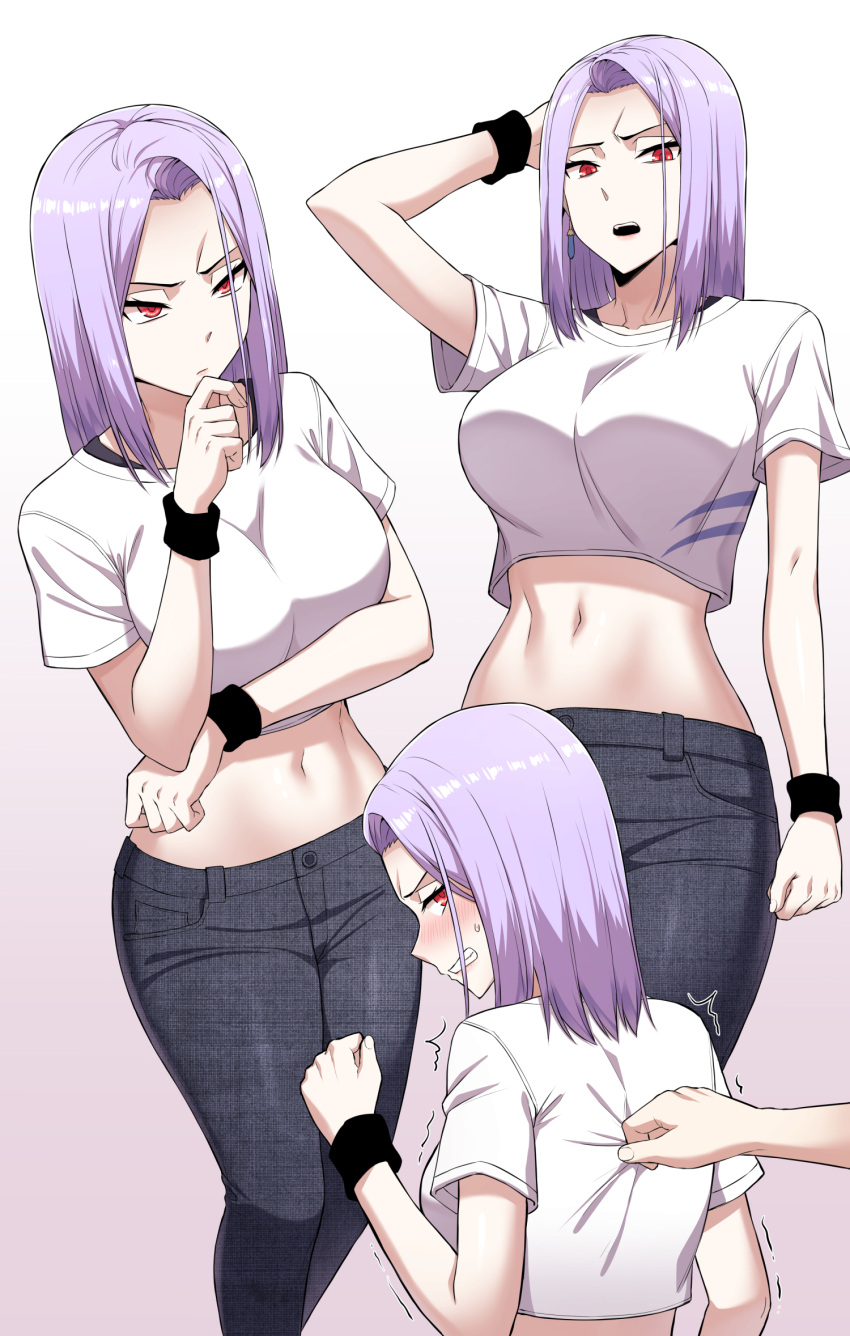 1girl angry arm_up black_pants bra_strap breasts clenched_teeth crop_top crop_top_overhang denim frown gradient gradient_background hand_on_own_chin highres large_breasts long_hair looking_at_viewer midriff multiple_views navel open_mouth original pants purple_hair red_eyes s-goon shirt short_sleeves standing stomach sweatband teeth trembling unmoving_pattern white_background white_shirt