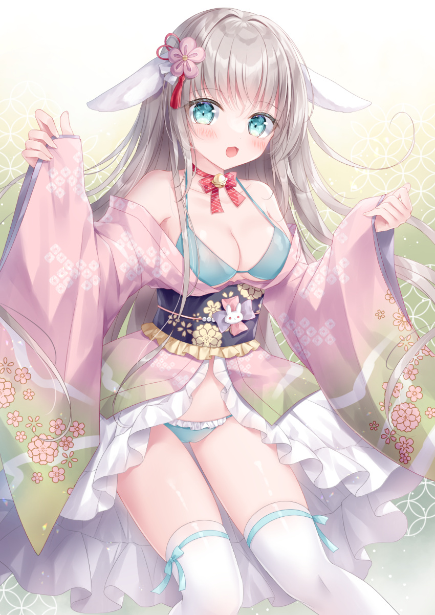 1girl :d animal_ears bare_shoulders blue_bra blue_panties bra breasts cleavage collarbone commentary_request floral_print flower frilled_panties frills gradient gradient_background green_background grey_hair hair_flower hair_ornament highres japanese_clothes kimono kohinata_hoshimi long_hair long_sleeves looking_at_viewer medium_breasts obi off_shoulder original panties pinching_sleeves pink_flower pink_kimono print_kimono rabbit_ears sash sleeves_past_wrists smile thighhighs underwear very_long_hair white_background white_thighhighs wide_sleeves