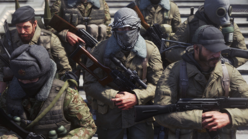 2boys 3d 5others ak-74 ak-74m aks-74 ambiguous_gender ammunition ammunition_pouch assault_rifle backpack bag balaclava baseball_cap beret black_eyes black_mask brown_facial_hair call_of_duty call_of_duty_4 camouflage camouflage_jacket caucasian commentary covered_face daewoo_k2 english_commentary explosive facial_hair finger_on_trigger folding_stock fur_collar fur_hat gas_mask green_headwear grenade grey_fur grey_headwear grey_vest gun hat hat_ornament head_out_of_frame highres imi_galil jacket kalashnikov_rifle kaymanovite keffiyeh light_machine_gun load_bearing_vest long_sleeves looking_down mask military_jacket multiple_boys multiple_others mustache optical_sight own_hands_together pocket pouch realistic red_star rifle rpk russia short_hair sniper_rifle star_(symbol) star_hat_ornament straight-on strap ultranationalist upper_body ushanka very_short_hair vest vss_vintorez weapon