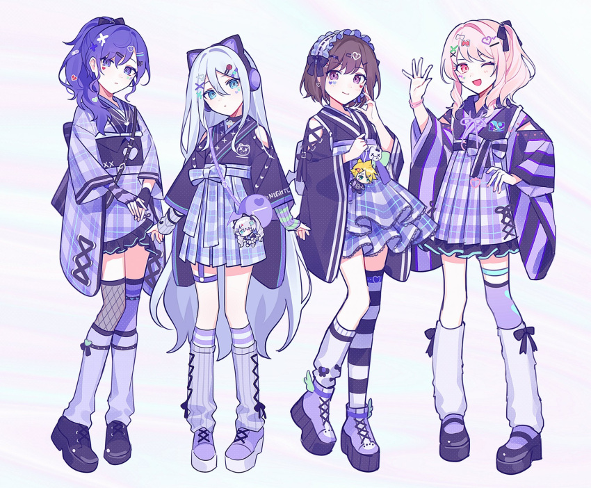 1other 25-ji_night_code_de._(project_sekai) 3girls adapted_costume akiyama_mizuki animal_ear_headphones animal_ears asahina_mafuyu asymmetrical_legwear blue_eyes blue_hair blue_leg_warmers blue_skirt bow brown_eyes brown_hair cat_ear_headphones character_doll clothing_cutout cross-laced_sleeves facial_mark fake_animal_ears fishnet_thighhighs fishnets frilled_skirt frills full_body gloves hair_bow hair_ornament hairband hakama hakama_short_skirt hakama_skirt hand_on_hip hatsune_miku headphones heart heart_hair_ornament high_ponytail highres japanese_clothes kagamine_len kimono leg_warmers lolita_hairband long_hair long_sleeves looking_at_viewer mary_janes mismatched_legwear multiple_girls negai_wa_itsuka_asa_o_koete_(project_sekai) pink_eyes pink_hair plaid plaid_skirt platform_footwear project_sekai purple_bow purple_eyes purple_footwear purple_hair purple_kimono purple_skirt purple_thighhighs shinonome_ena shoes shoulder_cutout side_ponytail single_thighhigh skirt striped striped_thighhighs thigh_strap thighhighs very_long_hair vocaloid waka_(wk4444) waving white_leg_warmers wide_sleeves winged_footwear x_hair_ornament yoisaki_kanade