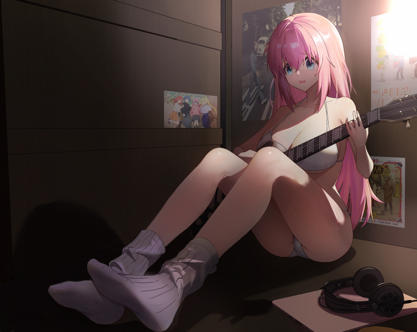 1girl absurdres arm_hug ass bangs bare_shoulders blonde_hair blue_eyes blue_hair bocchi_the_rock! breasts car cleavage closet collarbone commentary_request cube_hair_ornament electric_guitar f20_(user_svag4353) gibson_les_paul gloom_(expression) gotou_hitori ground_vehicle guitar hair_between_eyes hair_ornament headphones highres holding holding_hands holding_instrument ijichi_nijika indoors instrument jumping kita_ikuyo large_breasts legs_folded long_hair long_legs medium_hair motor_vehicle music panties pantyshot parted_lips partially_visible_vulva photo_(object) pink_hair playing_instrument poster_(object) red_hair short_hair side_ponytail sideboob sidelocks sitting skirt socks solo_focus tablet_pc the_beatles underboob underwear very_long_hair wavy_mouth yamada_ryou