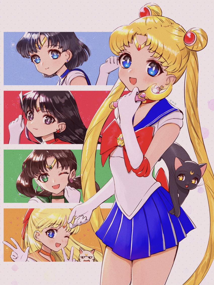 5girls aino_minako artemis_(sailor_moon) back_bow bangs bishoujo_senshi_sailor_moon black_cat black_eyes black_hair blonde_hair blue_choker blue_eyes blue_hair blue_sailor_collar blue_skirt bow bowtie brooch brown_hair cat choker circlet collar crescent crescent_earrings double_bun earrings elbow_gloves flower_earrings gloves gold_earrings green_choker green_eyes green_sailor_collar hair_bobbles hair_bow hair_bun hair_ornament highres hino_rei jewelry kino_makoto long_hair luna_(sailor_moon) medium_hair miniskirt mizuno_ami multiple_girls ofuda one_eye_closed orange_choker orange_collar parted_bangs pleated_skirt ponytail red_bow red_bowtie red_choker red_sailor_collar sailor_collar sailor_jupiter sailor_mars sailor_mercury sailor_moon sailor_venus shirt short_hair short_sleeves sidelocks skirt smile stud_earrings swept_bangs tsukino_usagi very_long_hair white_cat white_gloves white_shirt yyemoyy