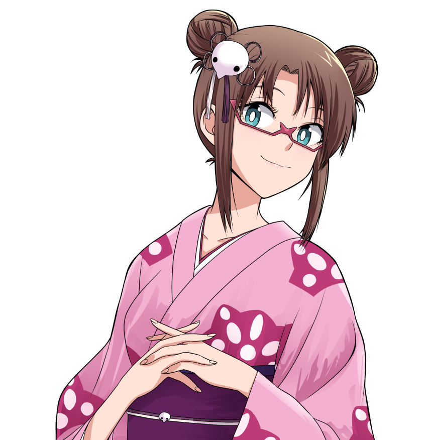 1girl alternate_costume alternate_hairstyle angel_(evangelion) bangs blue_eyes breasts brown_hair commentary double_bun eva_05 evangelion_(mecha) glasses hair_bun hairband highres japanese_clothes kimono long_hair looking_at_viewer makinami_mari_illustrious medium_breasts neon_genesis_evangelion own_hands_clasped own_hands_together pink_kimono rebuild_of_evangelion red-framed_eyewear sachiel sasihmi smile solo twintails