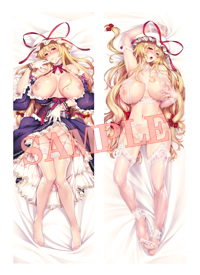1girl blonde_hair blush bow bra breasts closed_mouth comiket_101 dakimakura_(medium) dress elbow_gloves embarrassed finger_to_mouth full_body garter_straps gloves hair_bow hair_spread_out hat highres large_breasts lingerie long_hair looking_at_viewer lying mob_cap multiple_views navel nipples on_back on_bed open_mouth ouma_tokiichi panties purple_dress red_eyes sample_watermark see-through see-through_gloves see-through_legwear smile thighhighs touhou underwear very_long_hair white_bra white_gloves white_headwear white_panties white_thighhighs yakumo_yukari