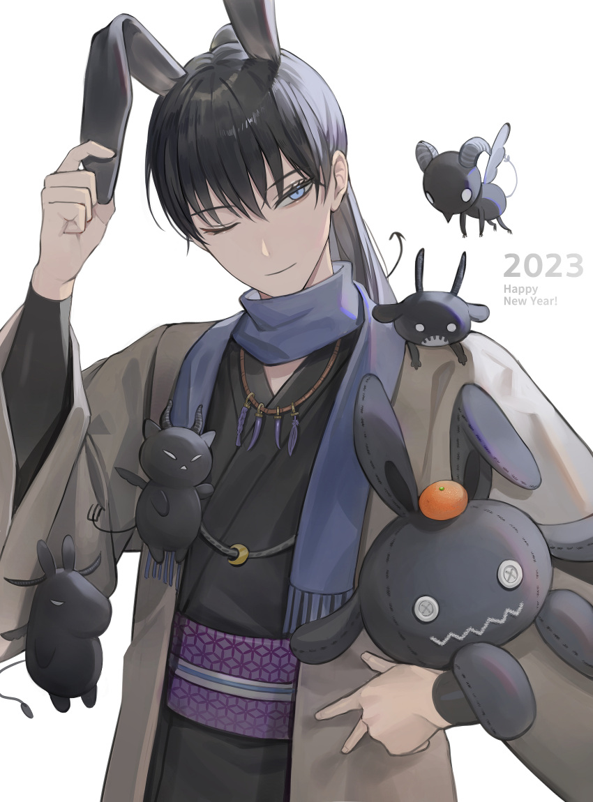 1boy alternate_costume animal_ears black_clover black_hair black_kimono blue_eyes blue_scarf closed_mouth demon demon_horns demon_tail happy_new_year highres holding holding_stuffed_toy horns japanese_clothes jewelry kimono looking_at_viewer male_focus nacht_faust necklace one_eye_closed ponytail rabbit_ears scarf smile solo stuffed_animal stuffed_bunny stuffed_toy tail touching_ears tsugutoku white_background