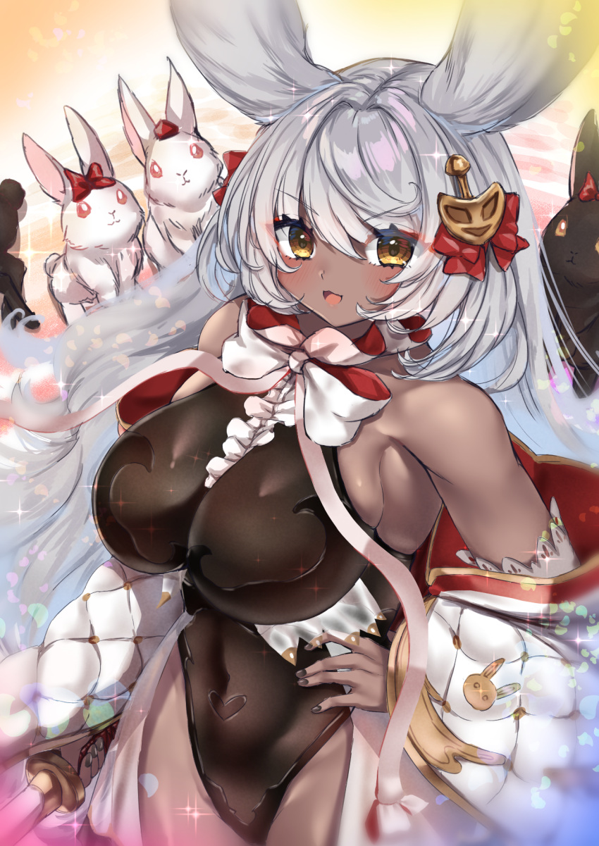 1girl :3 animal animal_ears arm_at_side bangs bare_shoulders black_leotard black_nails blush bow bowtie breasts center_frills closed_mouth coat commentary_request covered_navel dark-skinned_female dark_skin detached_sleeves eyeliner frills gold_trim granblue_fantasy grey_hair hair_ornament hand_on_hip happy heart highres holding holding_sword holding_weapon huge_breasts leotard long_hair looking_at_viewer makeup makura_(granblue_fantasy) nail_polish off_shoulder onomiya open_clothes open_coat open_mouth orange_eyes partial_commentary petals pink_ribbon rabbit rabbit_ears rabbit_girl red_bow red_eyeliner red_eyes ribbon shiny shiny_hair sidelocks skindentation smile solo sparkle swept_bangs sword textless_version v-shaped_eyebrows very_long_hair weapon white_bow white_bowtie white_coat white_sleeves yellow_eyes