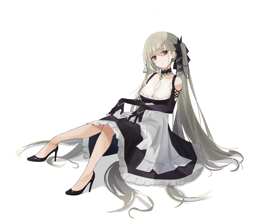 1girl absurdres azur_lane bare_shoulders between_breasts black_dress black_footwear black_gloves black_ribbon breasts cleavage clothing_cutout detached_collar dress formidable_(azur_lane) frilled_dress frills full_body gloves grey_hair hair_ribbon high_heels highres kuroko1068 large_breasts long_hair looking_at_viewer necktie necktie_between_breasts red_eyes ribbon shoes shoulder_cutout sitting solo stiletto_heels twintails two-tone_dress very_long_hair