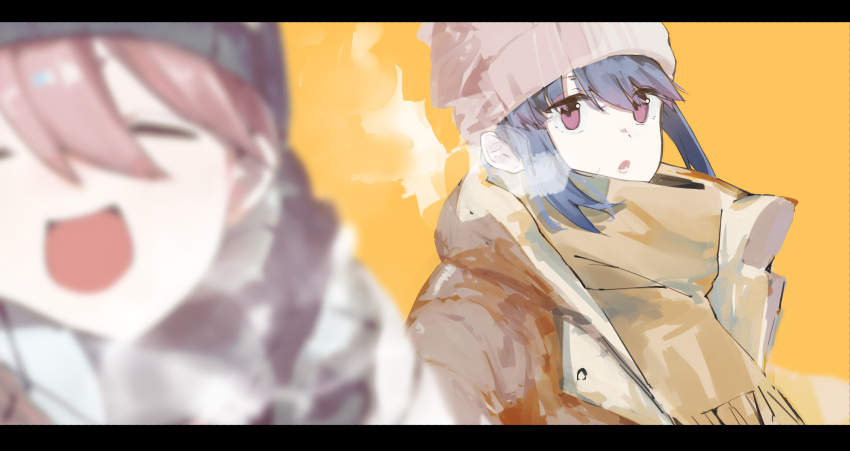 2girls :d :o ^_^ beanie blue_hair blurry blurry_foreground breath closed_eyes hat highres jacket jitome kagamihara_nadeshiko leadin_the_sky letterboxed multiple_girls purple_eyes scarf shima_rin simple_background smile winter_clothes yurucamp